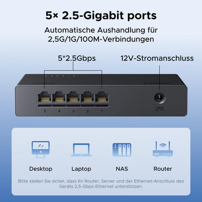 UGREEN 2.5G LAN Switch mit 5 Ports, unmanaged und lüfterlos