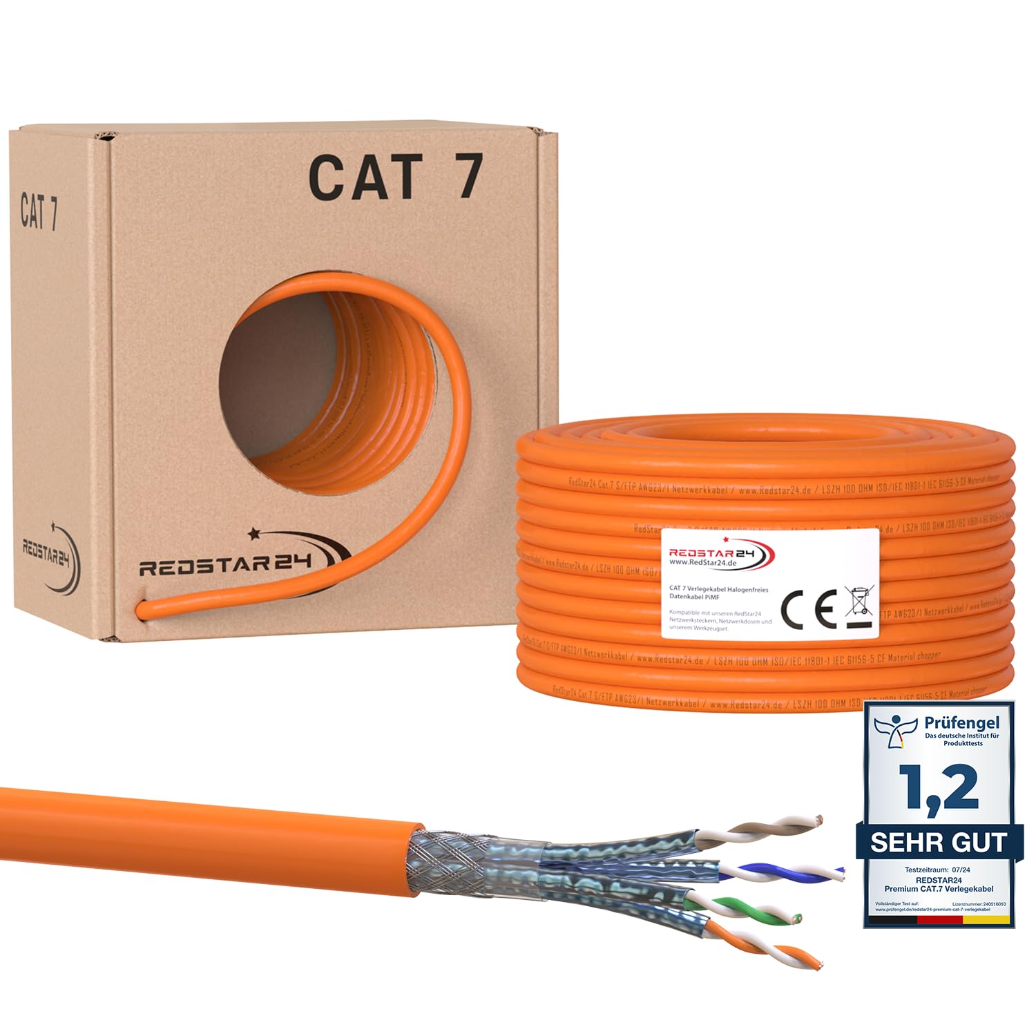 RedStar24 CAT 7 Verlegekabel 50 m S/FTP Netzwerkkabel halogenfrei, geschirmtes Kupfer-Installationskabel