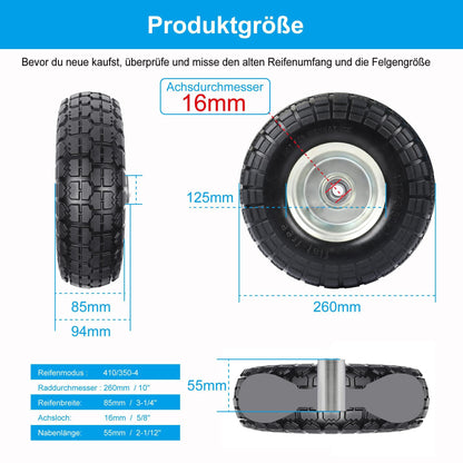 Sackkarrenrad Vollgummi 4.10 3.50-4 – 4 Stk. 16mm Achse