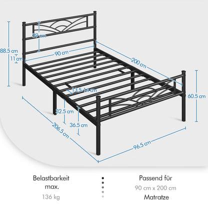 Yaheetech Metallbett 90 x 200 cm, Bettrahmen mit Lattenrost, schwarz
