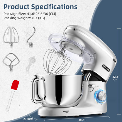 CHeflee Küchenmaschine Teigmaschine 2000W Knetmaschine,Mit 6.2L EdelstahlschüSsel,6 Geschwindigkeit Reduzierte GeräUsche,Mit RüHrbesen,RüHrhaken,SpritzwassergeschüTzter Knetmaschine Mit Knethaken