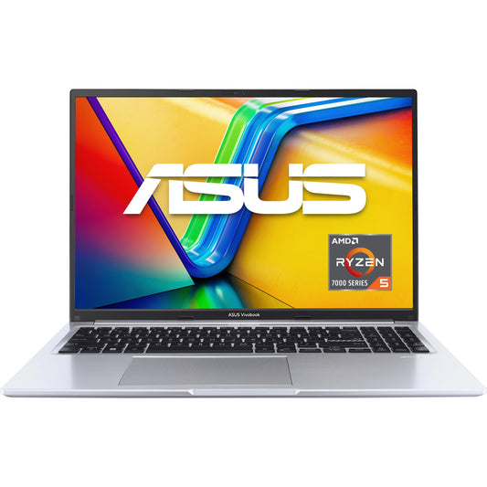 ASUS Vivobook 16 M1605YA Laptop, Cool Silver, aufgeklappt. Für Arbeit, Surfen und Streaming.