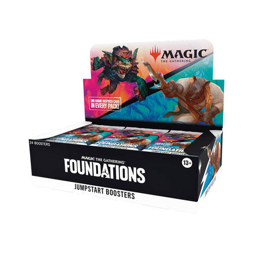 Magic: The Gathering Foundations Jumpstart 2025 Booster Box: Eine rechteckige Box mit Boosterpacks für das Sammelkartenspiel, ideal für Jumpstart-Partien.
