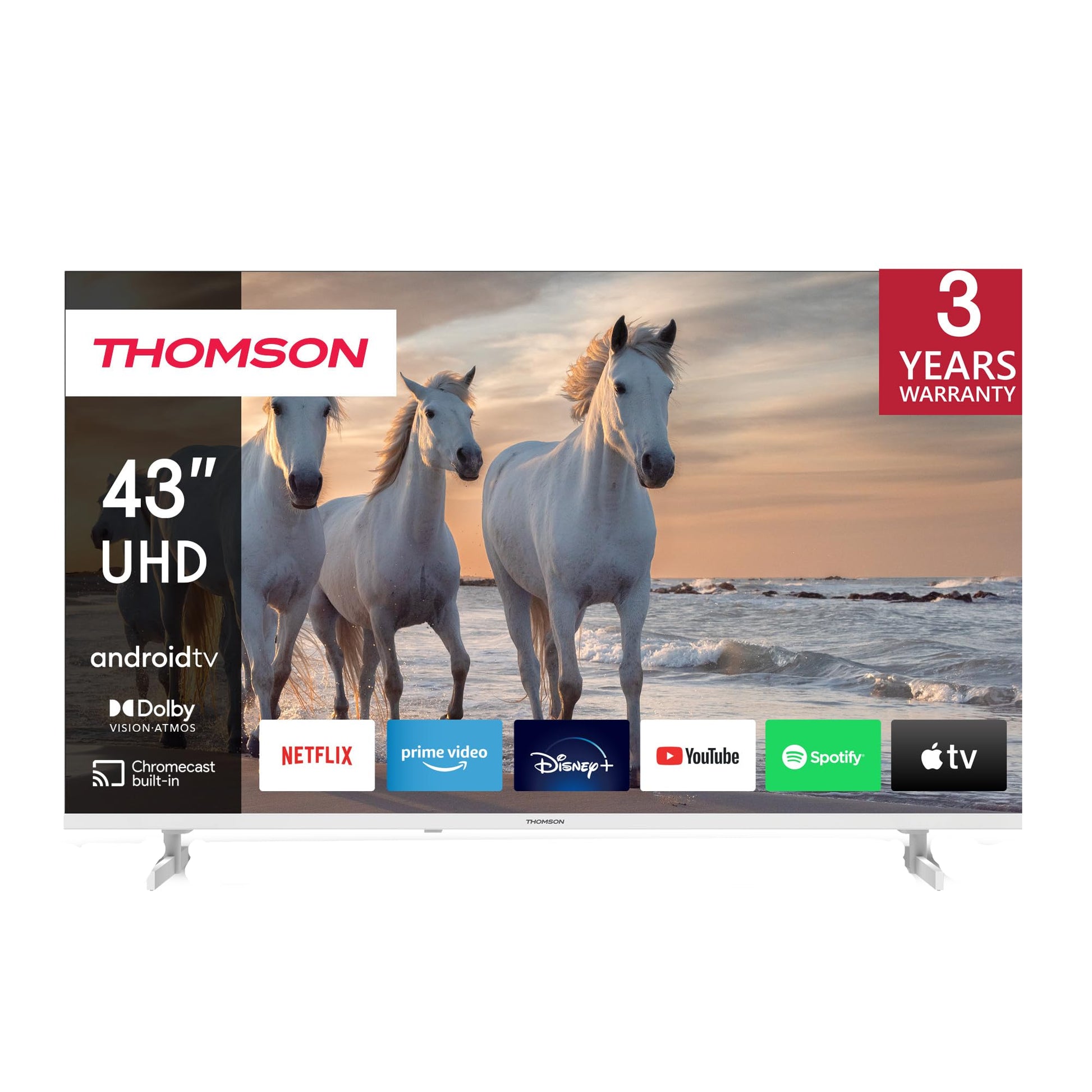 Thomson 43UA5S13W 4K Ultra HD Android Smart TV - Weiss 43 Zoll: Weißes, rechteckiges Display zur 4K UHD Medienwiedergabe.