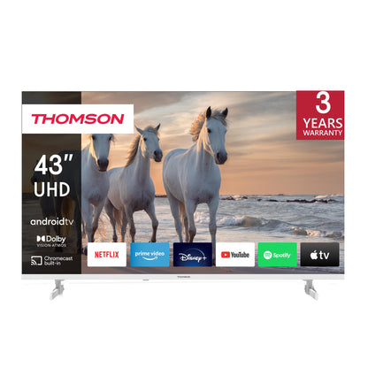 Thomson 43UA5S13W 4K Ultra HD Android Smart TV - Weiss 43 Zoll: Weißes, rechteckiges Display zur 4K UHD Medienwiedergabe.