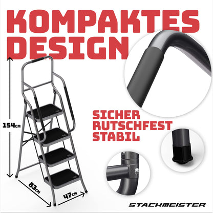 Sicherheitsleiter klappbar 4 Stufen mit Handlauf – Anthrazit