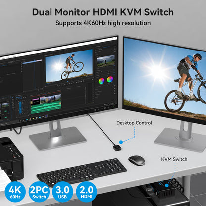 CMSTEDCD HDMI USB 3.0 KVM Switch 2 PC 2 Monitore 4K60Hz mit Controller