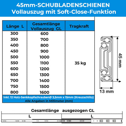 Stahlia Teleskopschienen Vollauszug – 45x400mm Softclose 8 Stk.