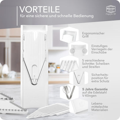 Börner Gemüsehobel V1 Starter Set – V-Hobel mit 4 Einsätzen, Weiss