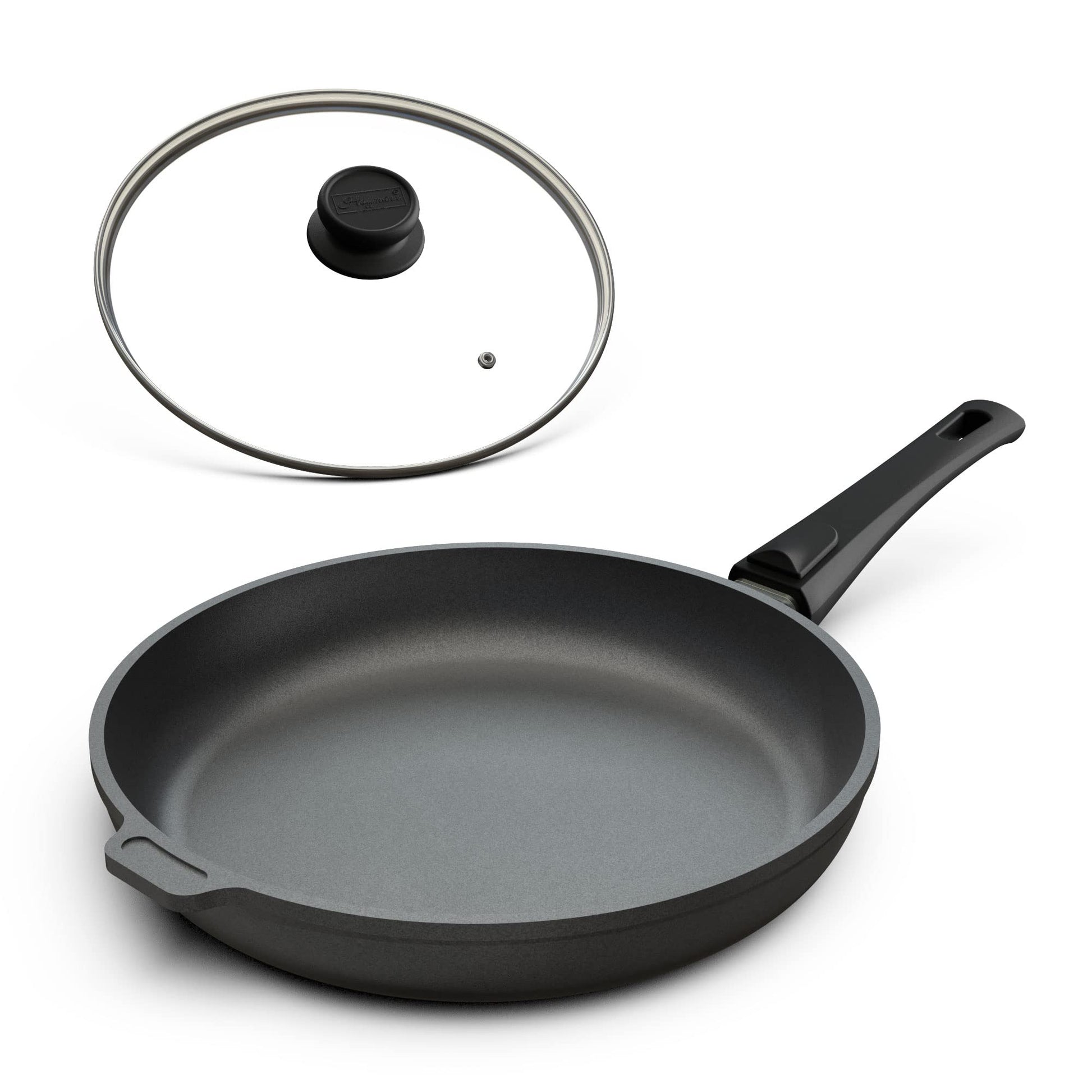 Hoffmann Aluguss Bratpfanne Induktion 28 cm - mit Deckel. Runde, schwarze Aluguss-Pfanne zum Braten von Speisen auf Induktionsherden.