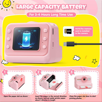 HiMont KC02 Kinderkamera Sofortbildkamera 1080P mit 32GB Karte, Rosa