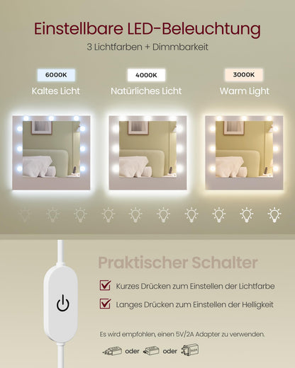 VASAGLE Kailyn Schminktisch mit Spiegel und LED-Beleuchtung, weiss