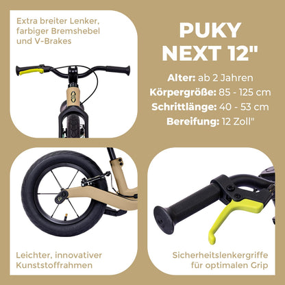 PUKY Next 12" Laufrad Sand/Black mit Bremse für 2–6 Jahre