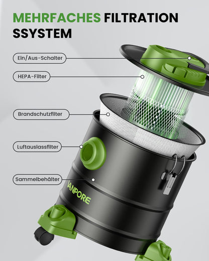 VANPORE Aschesauger 1200W 20L Fahrgestell - Grün