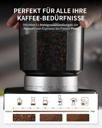 SHARDOR Kaffeemühle Elektrisch - 51 Stufen, Kegelmahlwerk