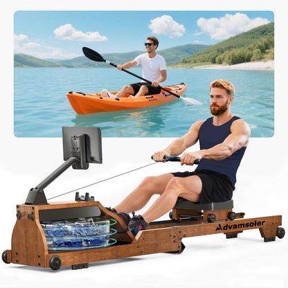 Advamsoler Wasserrudergerät Heimtrainer – Faltbar Massivholz. Braunes Massivholz-Rudergerät mit Wassertank. Trainiert den ganzen Körper, platzsparend klappbar.