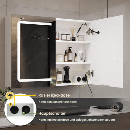 DICTAC Spiegelschrank mit LED-Beleuchtung und Steckdose, 80 cm, weiss