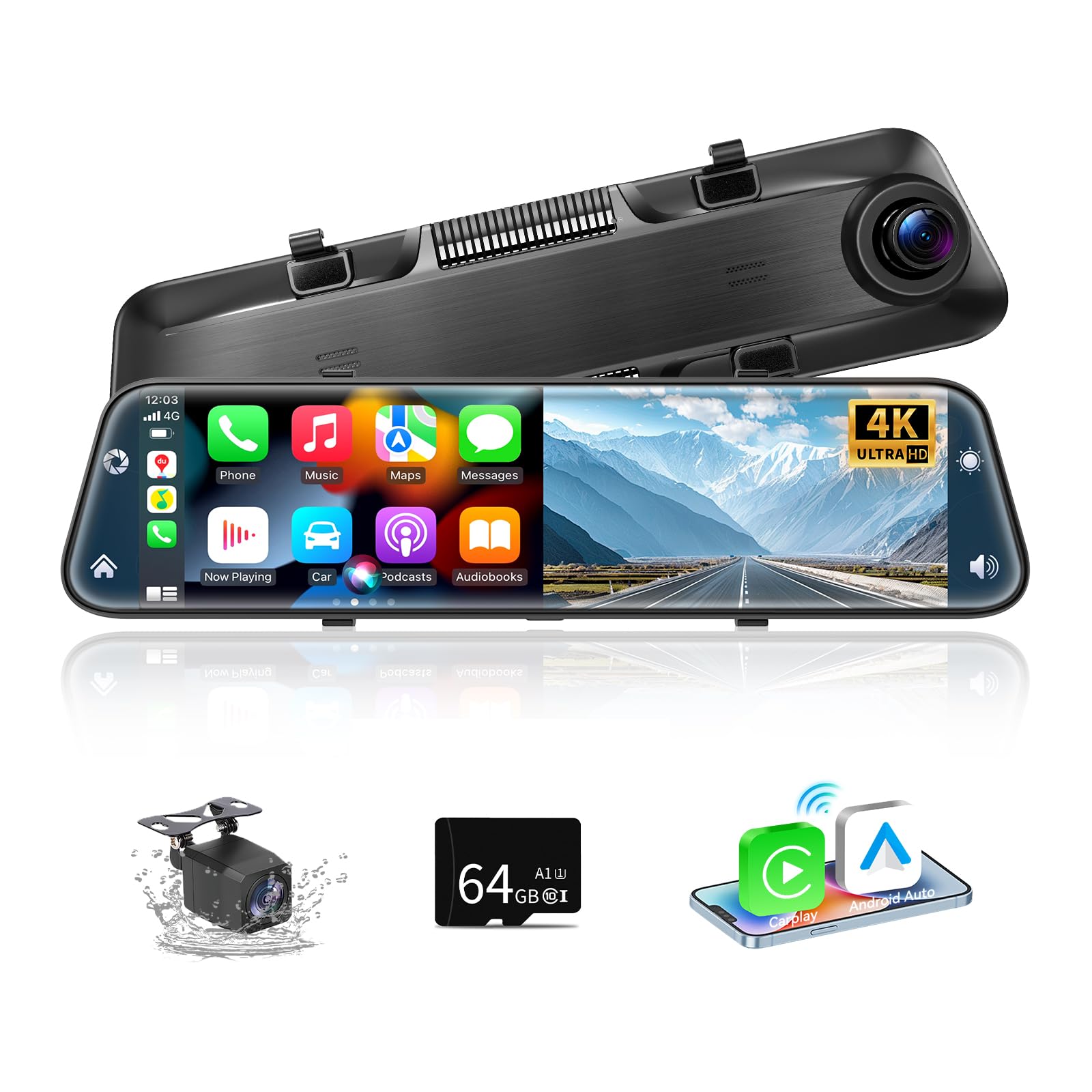 Smart 2025 12 Zoll 4K Dashcam Spiegel - CarPlay Android Auto. Spiegel mit 4K-Dashcam für Aufnahme und CarPlay/Android Auto.