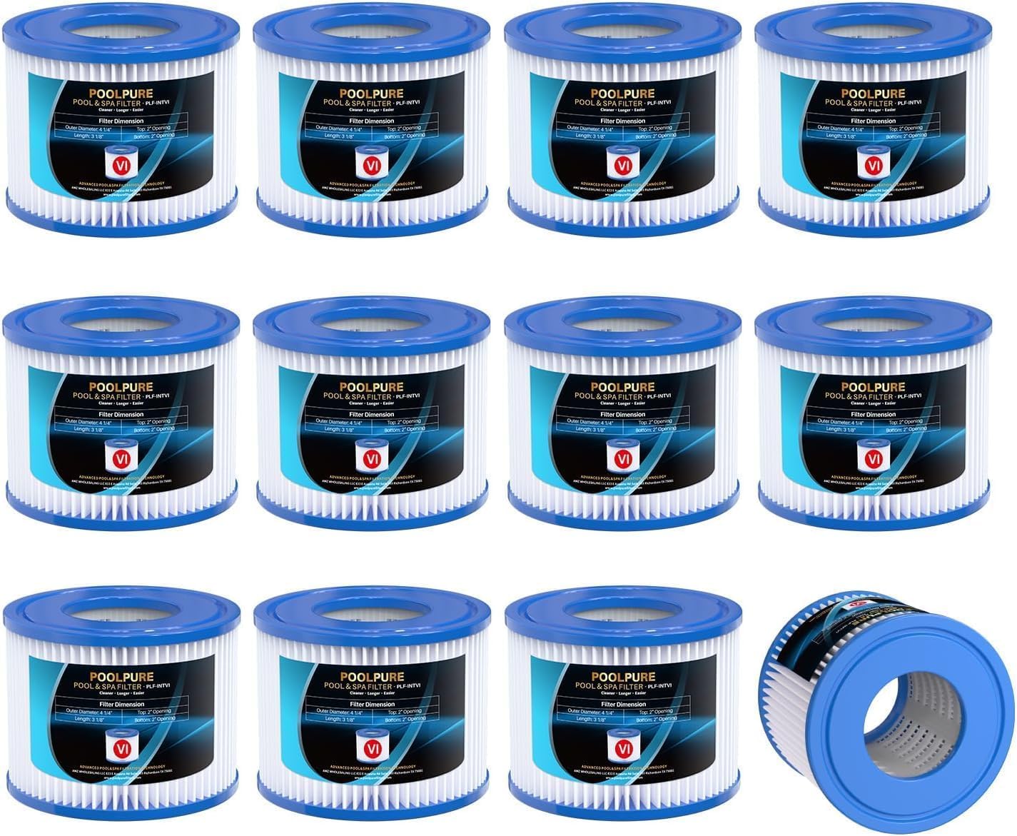 POOLPURE Filterkartusche Typ VI, ersetzt Coleman SaluSpa 90352E, 12er – zylindrische Filterpatrone aus trilobalem Gewebe