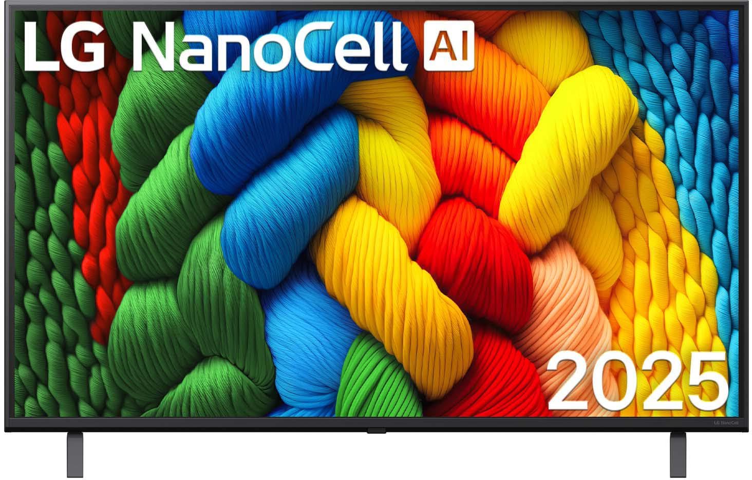 LG 43NANO80A6B 4K NanoCell AI TV 43 Zoll (Modell 2025): Flacher schwarzer Bildschirm für Heimkino mit KI-Bildoptimierung.