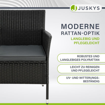 Juskys Polyrattan Gartenbank Monaco 2-Sitzer mit Tisch & Kissen schwarz