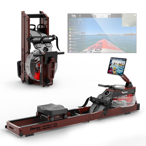 PASYOU PW60 Wasserrudergerät klappbar – Eiche Heimtraining. Heller Eichenrahmen mit Wasserbehälter vorne. Für Ganzkörpertraining daheim.