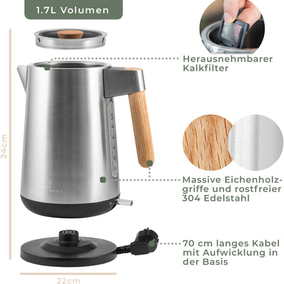 WALDWERK Design Wasserkocher - Edelstahl Eichenholz 1,7L