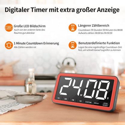 VOCOO Küchentimer digital, 19,8 cm LED-Anzeige, Magnet, Schwarz-Orange