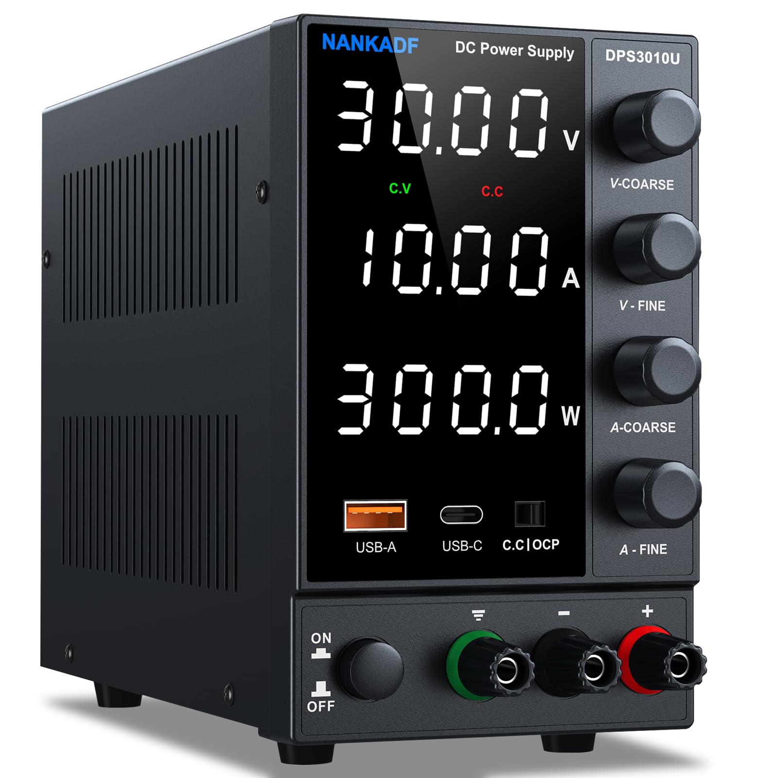 NANKADF Labornetzteil variabel DC 30V 10A mit USB-C. Gerät mit Display. Geregelte DC-Stromversorgung für Elektronik, inkl. USB-C Ausgang.