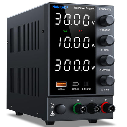 NANKADF Labornetzteil variabel DC 30V 10A mit USB-C. Gerät mit Display. Geregelte DC-Stromversorgung für Elektronik, inkl. USB-C Ausgang.