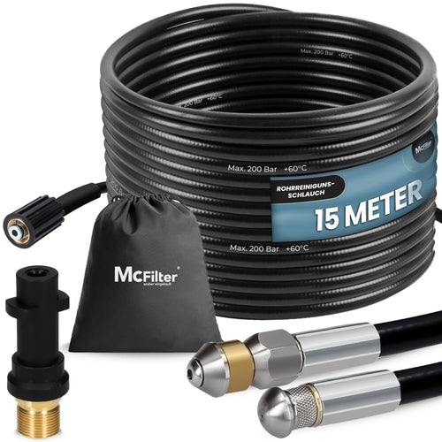 McFilter Rohrreinigungsschlauch Set 15 m, 200 bar, für Kärcher K2-K7 mit Adapter und Düsen