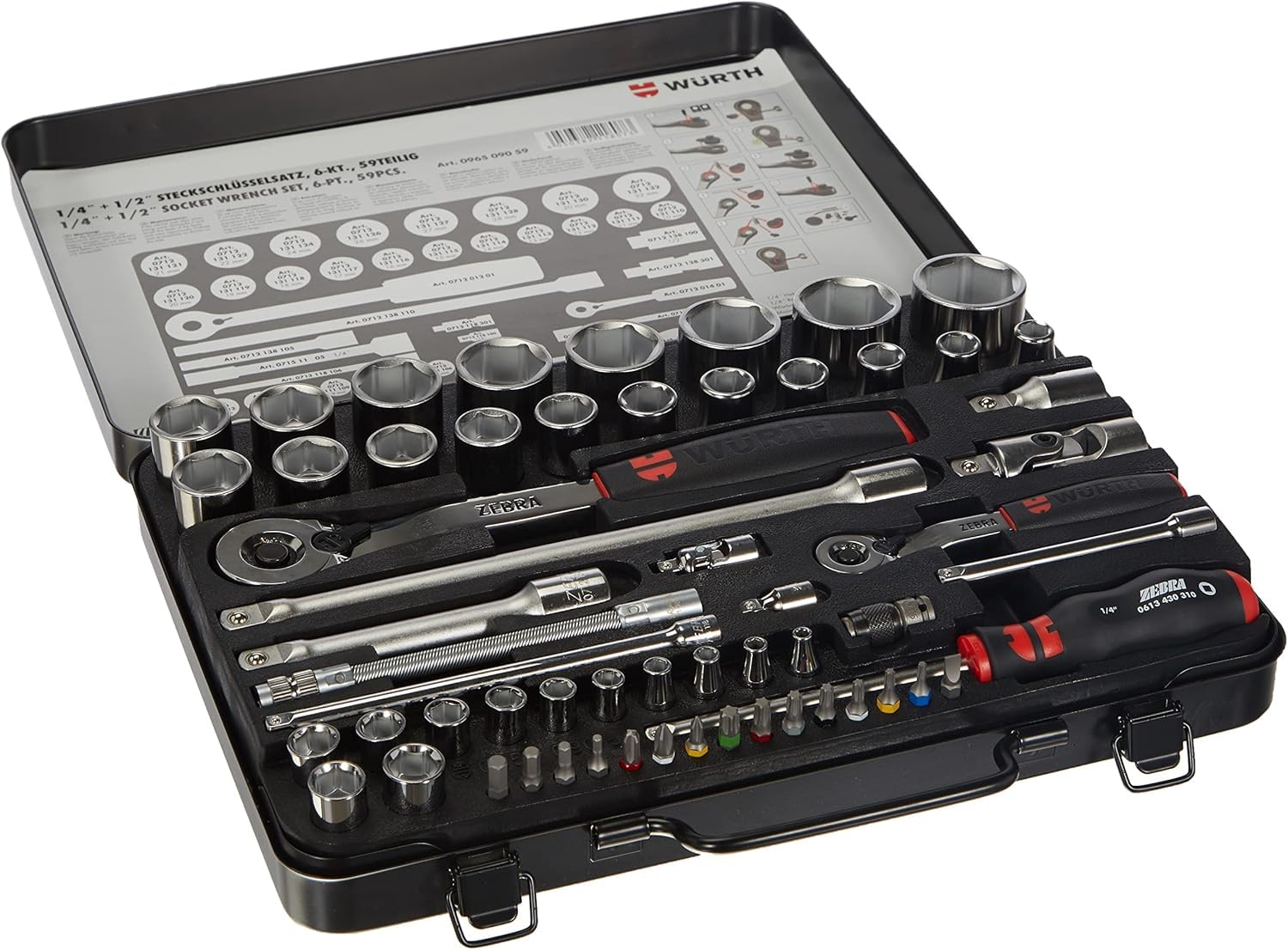 Würth Zebra Knarrenkasten - 1/4 + 1/2 Zoll, 59 tlg. Schwarzer Koffer, silberne Ratschen/Stecknüsse zum Anziehen/Lösen von Schrauben.