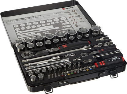 Würth Zebra Knarrenkasten - 1/4 + 1/2 Zoll, 59 tlg. Schwarzer Koffer, silberne Ratschen/Stecknüsse zum Anziehen/Lösen von Schrauben.