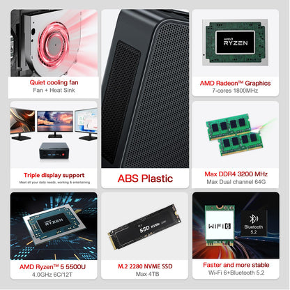 Beelink SER5 Mini PC - AMD Ryzen 5 5500U, 32GB RAM, 500GB SSD