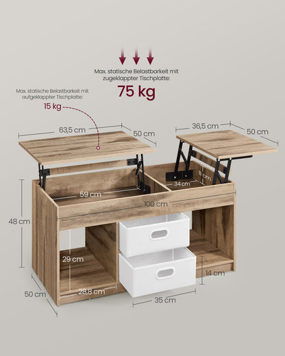 VASAGLE Couchtisch höhenverstellbar - Kamelbraun-wolkenweiss LCT210L01