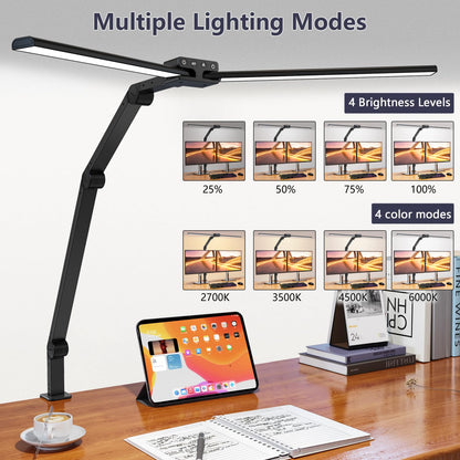 KableRika Doppelkopf Klemm-Schreibtischlampe – LED Dimmbar 80cm