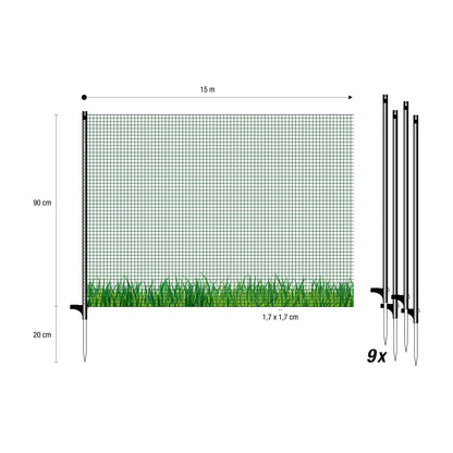 horizont Mobiler Hundezaun FLEX 15 m x 90 cm, Steckzaun mit 9 Pfählen