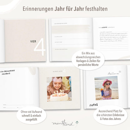 mintkind Erinnerungsbuch Kindheit Beige – Leinenalbum 0 bis 18 Jahre