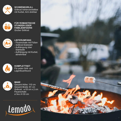 Lemodo Holzkohlegrill - Schwenkgrill mit Kurbel & Feuerschale