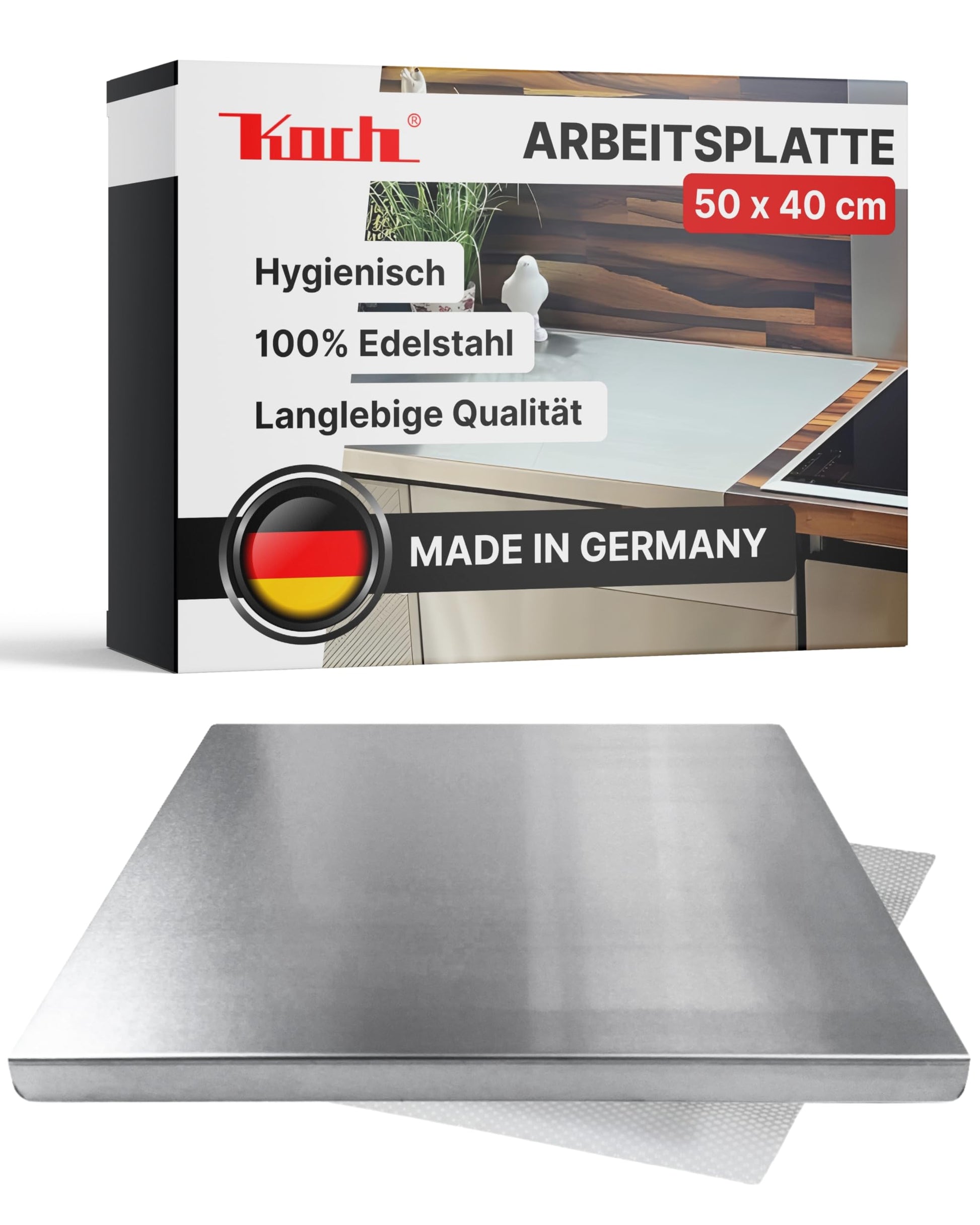 Koch Arbeitsplatte Edelstahl 50 x 40 cm Schneidebrett & Knetbrett mit Anschlagkante, satinierte Oberfläche