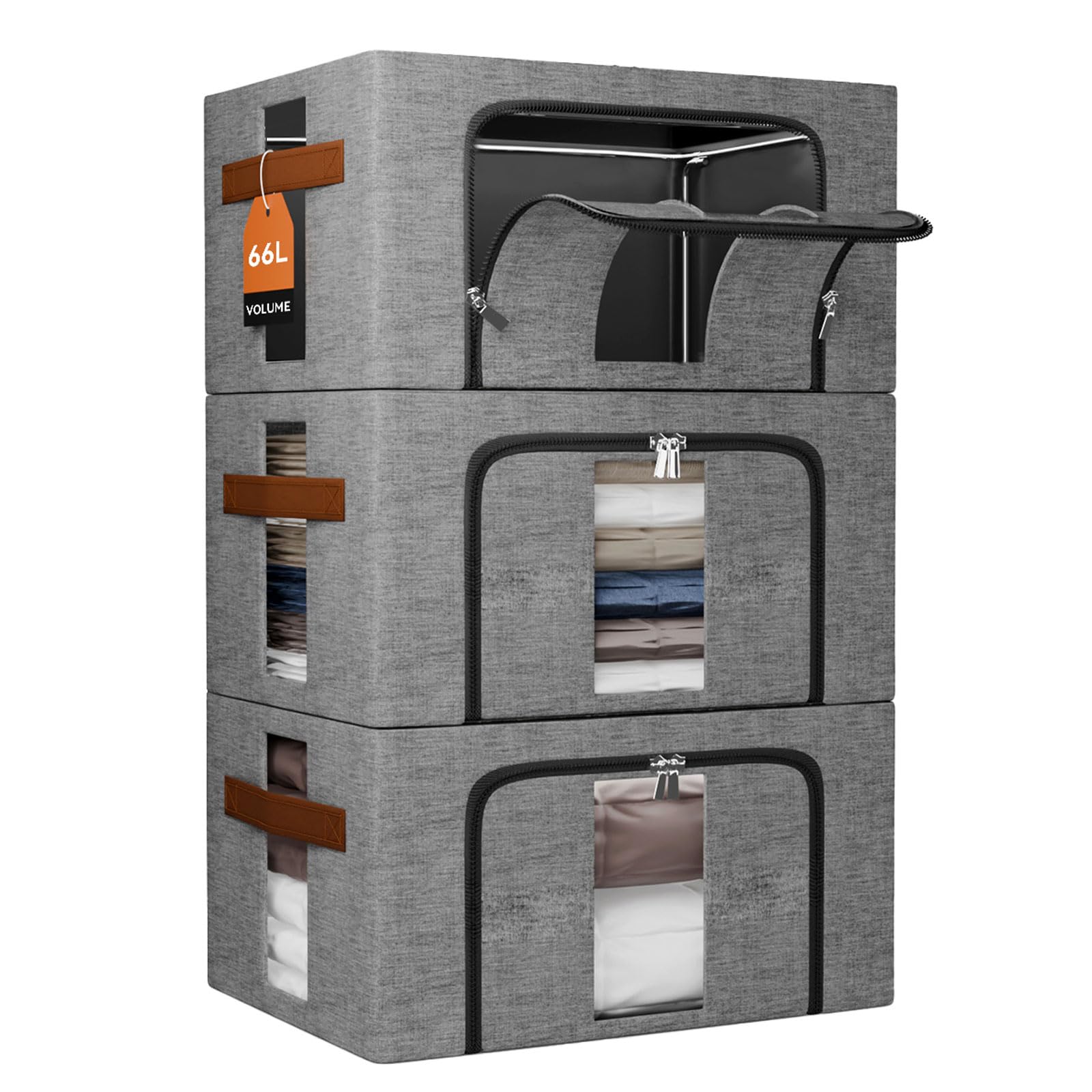 NiuBeBe Aufbewahrungsbox faltbar mit Metallrahmen, 3er-Set 66 L, Grau – stapelbare Stoffbox mit Sichtfenster und Deckel