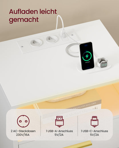 VASAGLE Custos Nachttisch mit Ladestation, 2er Set, LED, wolkenweiss