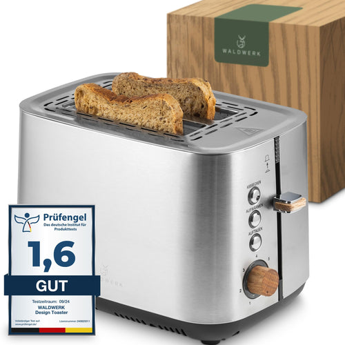 WALDWERK Design Toaster, Edelstahl und Eiche 2-Scheiben-Toaster mit Brötchenaufsatz. Toastet Brot und wärmt Brötchen auf.