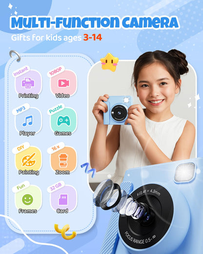 TIATUA Kinderkamera Sofortbildkamera X2 mit 32GB Karte, blau