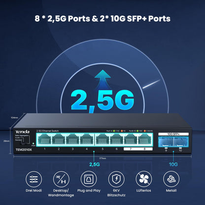 Tenda TEM2010X Unmanaged 2.5G Netzwerk Switch - 8x 2.5G, 2x 10G SFP+