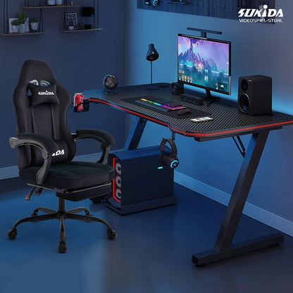 SUKIDA Gaming-Stuhl aus Stoff, ergonomisch, mit Fussstütze, schwarz
