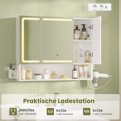 FORABAMB Spiegelschrank mit LED-Beleuchtung, 3 Türen, 80 cm, Weiss