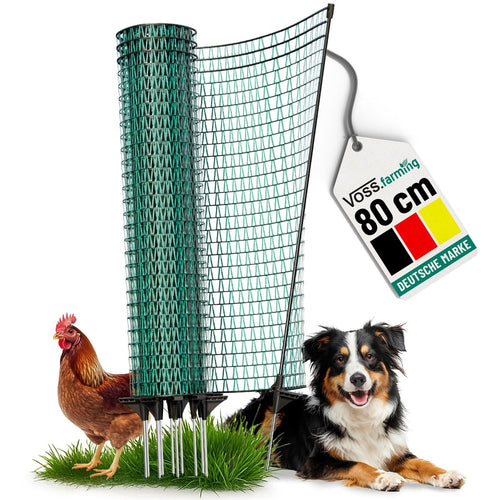 VOSS.farming Gartennetz Begrenzungszaun 20 m, 80 cm, dunkelgrün mit 12 Pfählen