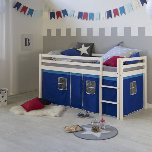 Homestyle4u Kinder Hochbett 90x200 Weiss Blau mit Treppe: Ein Raumspar-Schlafplatz für Kinder mit integrierter Treppe.