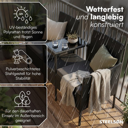 STEELSØN Velara Gartenbank mit Tisch, 2-Sitzer, Polyrattan, schwarz